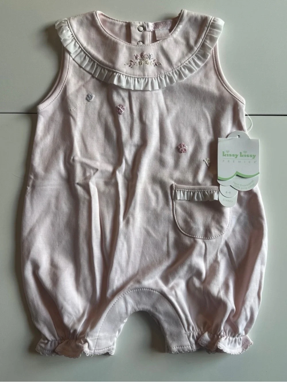 Kissy Kissy Pink Hand Embroidered Pima Cotton Playsuit Romper Shortie 6-9m